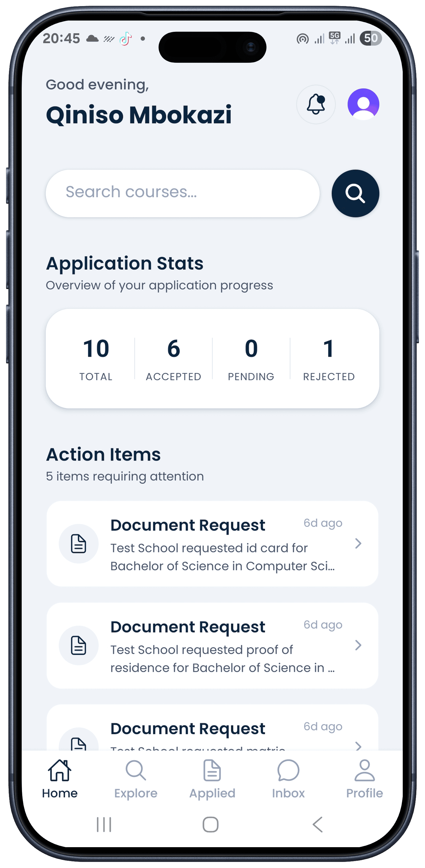 Fundani mobile app showing student dashboard with application status
