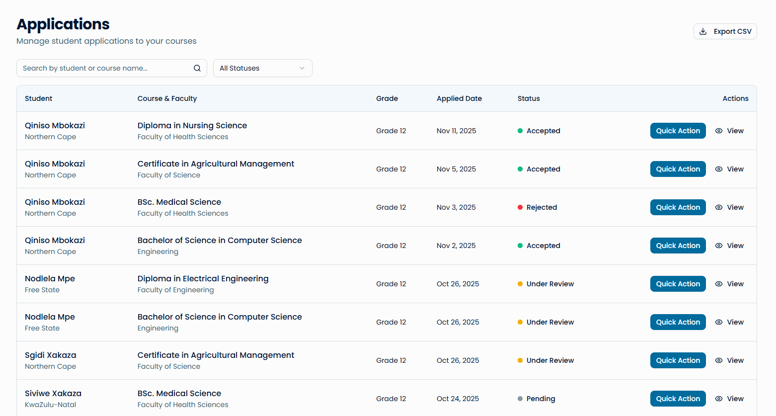 School applications management dashboard