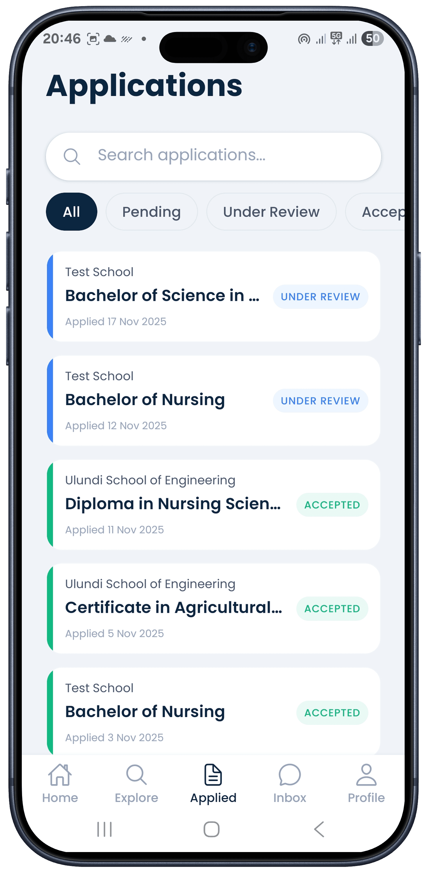 Student applications mobile view
